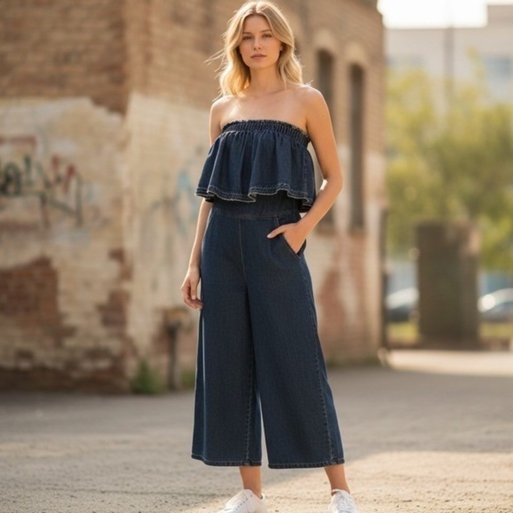 J.O.A. Los Angeles Womens Dark Wash Strapless Ruffle Denim Wide Leg Jumpsuit XS